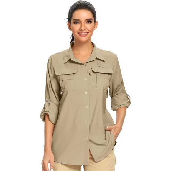 Women's UPF 50+ UV Sun Protection Safari Shirt, Long Sleeve Outdoor Cool Quick - Picture 1 of 7